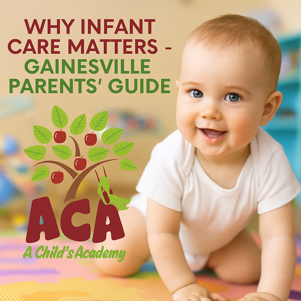 Promotional graphic for A Child’s Academy showing a smiling infant in a daycare setting with the ACA logo and the headline 'Why Infant Care Matters – Gainesville Parents' Guide'.