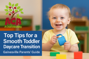 Promotional blog graphic for A Child’s Academy featuring a smiling toddler in a yellow shirt holding a toy cup, with the ACA logo and the headline 'Top Tips for a Smooth Toddler Daycare Transition – Gainesville Parents’ Guide'.
