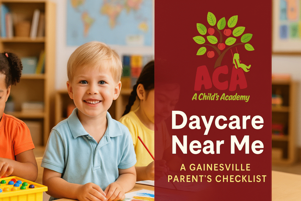 Promotional blog image for A Child’s Academy showing diverse young children playing and painting in a classroom, with the ACA logo and the title 'Daycare Near Me – A Gainesville Parent’s Checklist' displayed on a bold red background.