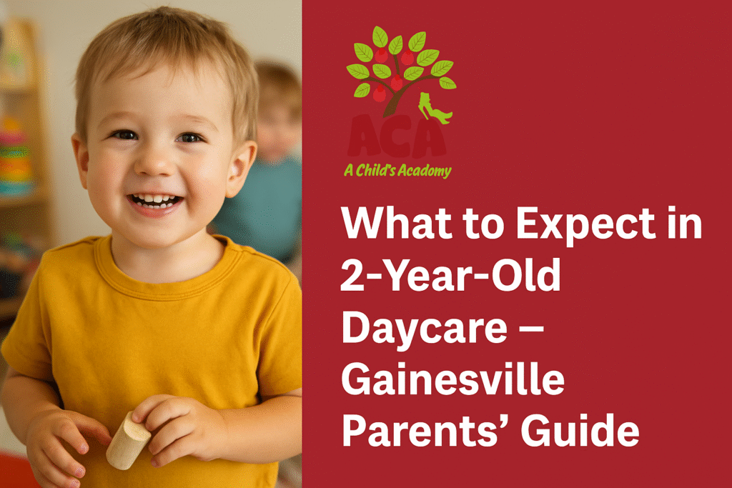 Blog graphic for A Child’s Academy featuring a smiling two-year-old boy in a mustard yellow shirt holding a wooden toy, with the ACA logo and the title 'What to Expect in 2-Year-Old Daycare – Gainesville Parents’ Guide' on a red background.