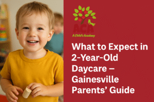 Blog graphic for A Child’s Academy featuring a smiling two-year-old boy in a mustard yellow shirt holding a wooden toy, with the ACA logo and the title 'What to Expect in 2-Year-Old Daycare – Gainesville Parents’ Guide' on a red background.