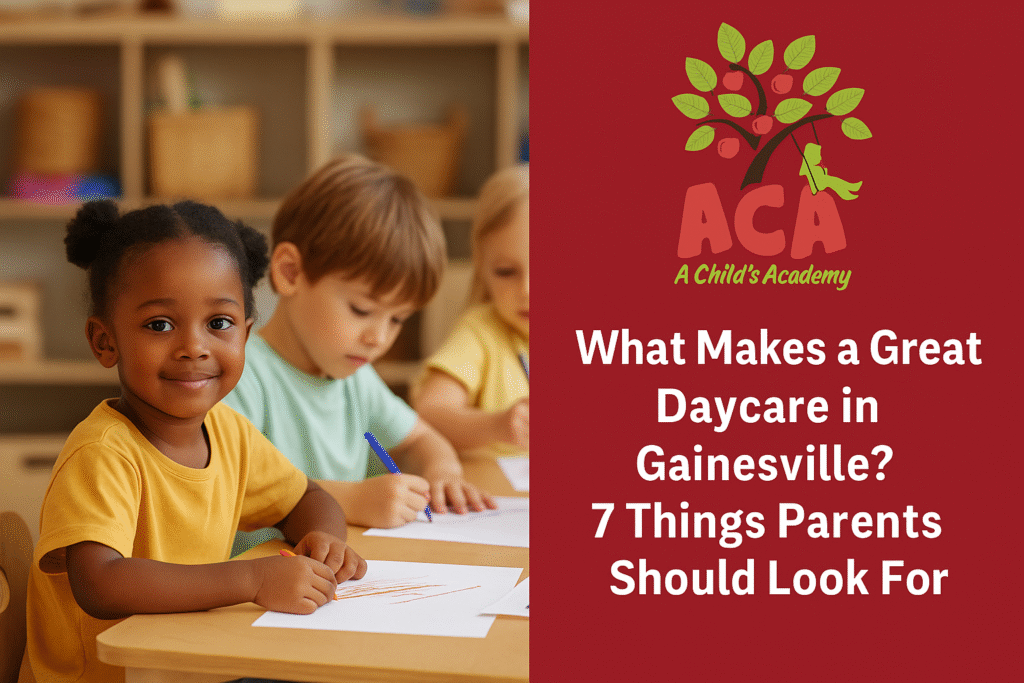 Promotional blog graphic for A Child’s Academy showing three young children coloring at a wooden table, with the ACA logo and the title 'What Makes a Great Daycare in Gainesville? 7 Things Parents Should Look For' on a red background.